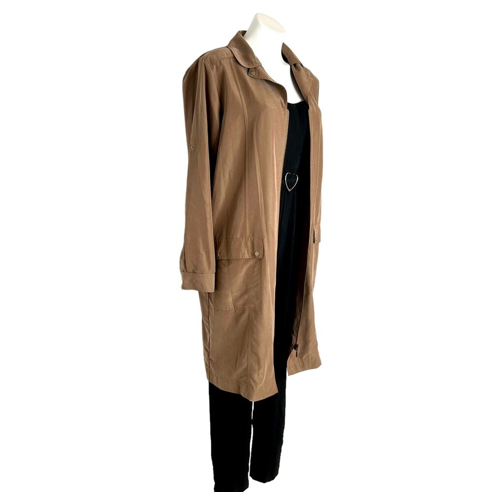 ELLEN TRACY Long Roll Tab Zip Tunic Jacket Size M Taupe Brown Duster Lightweight - Picture 2 of 9